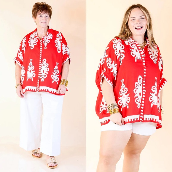 Umgee Red White Folk Print Button Front Boxy Top Cottagecore Boho Size Large - Picture 11 of 12